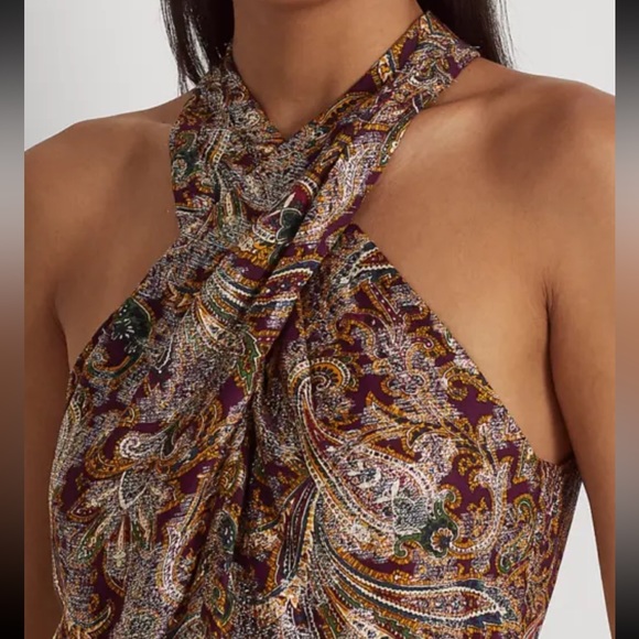 Black label LRL halter paisley metallic jacquard gown with belt women size 12 - Picture 2 of 15